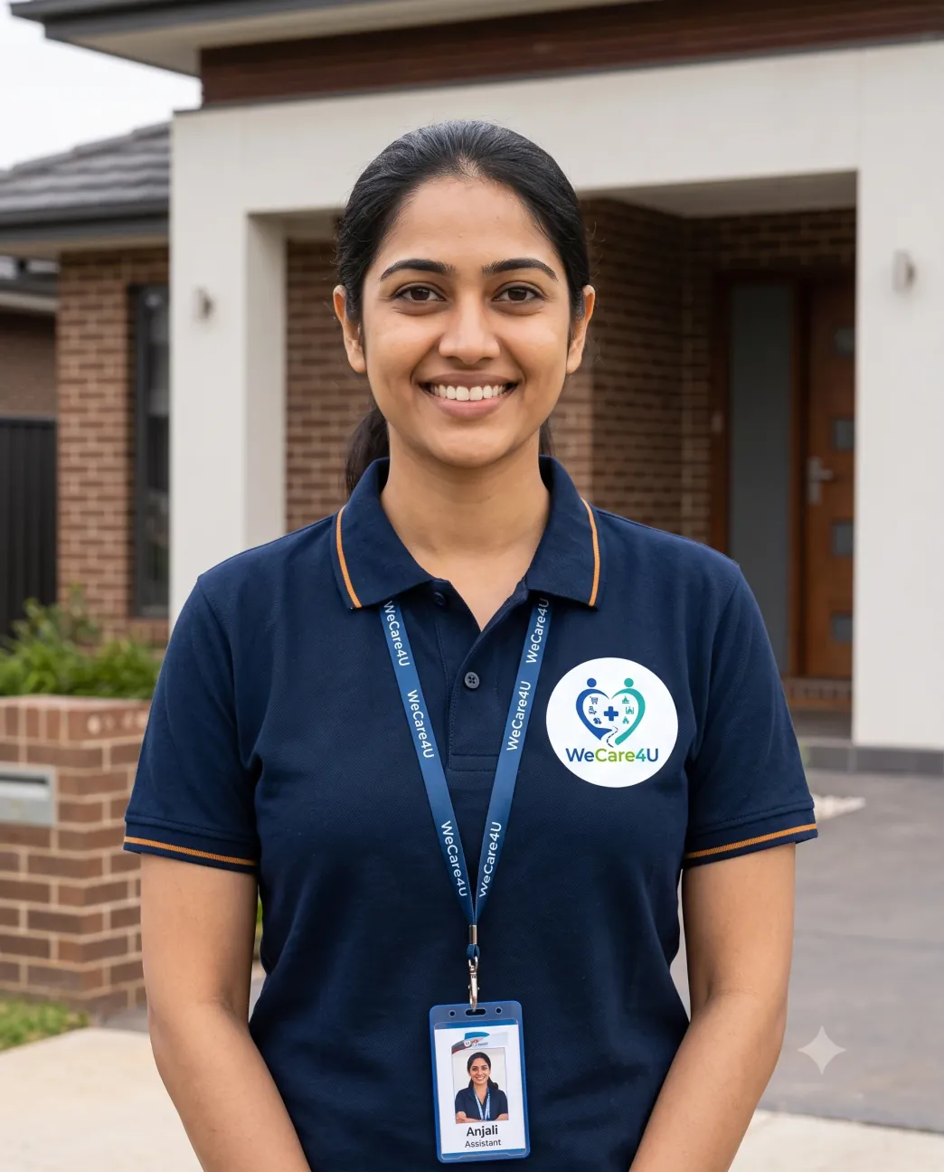 Background-verified WeCare4U assistant in uniform with her ID badge