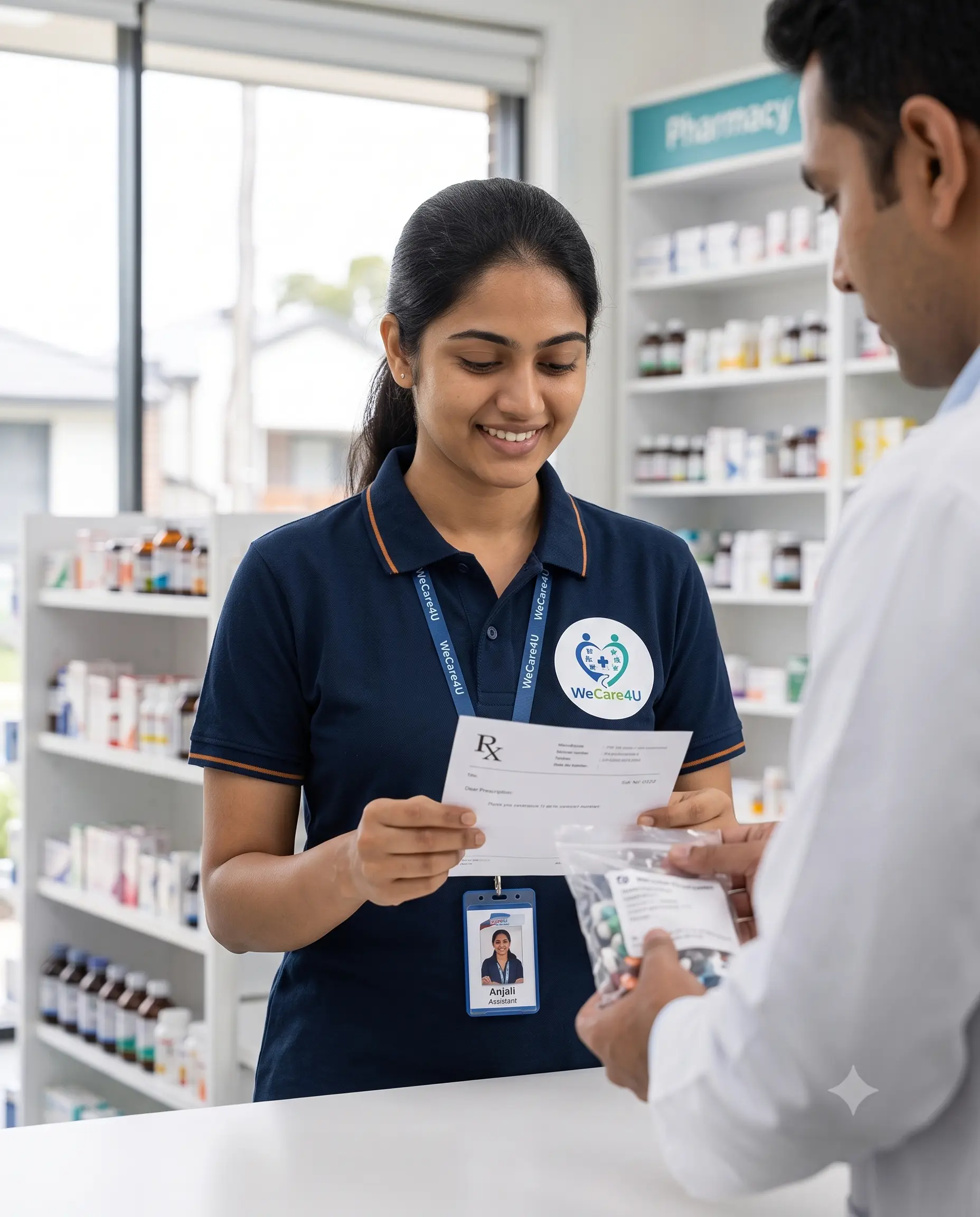 WeCare4U assistant collecting medicines from a pharmacist
