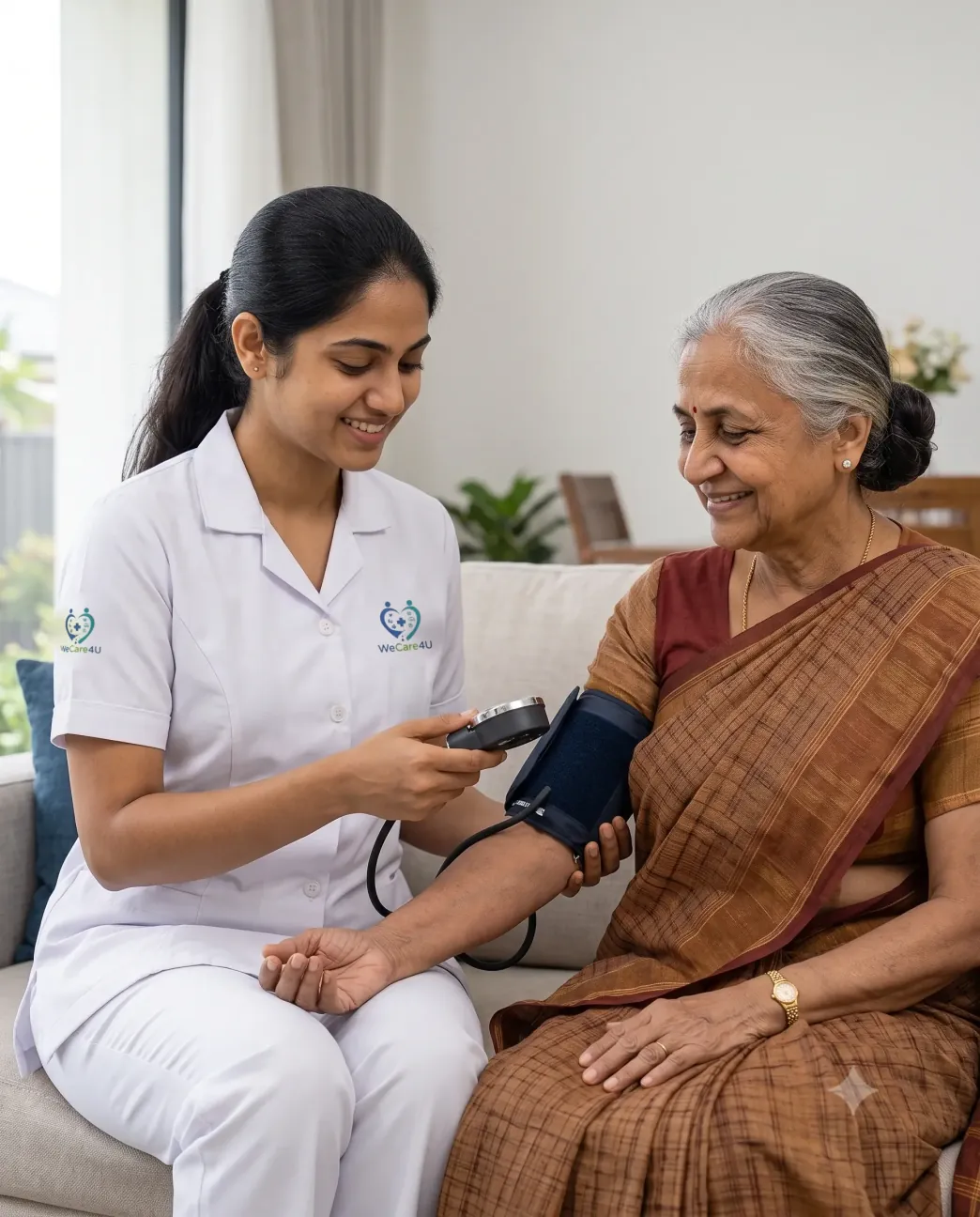 Nurse checking an elderly mother’s blood pressure at home