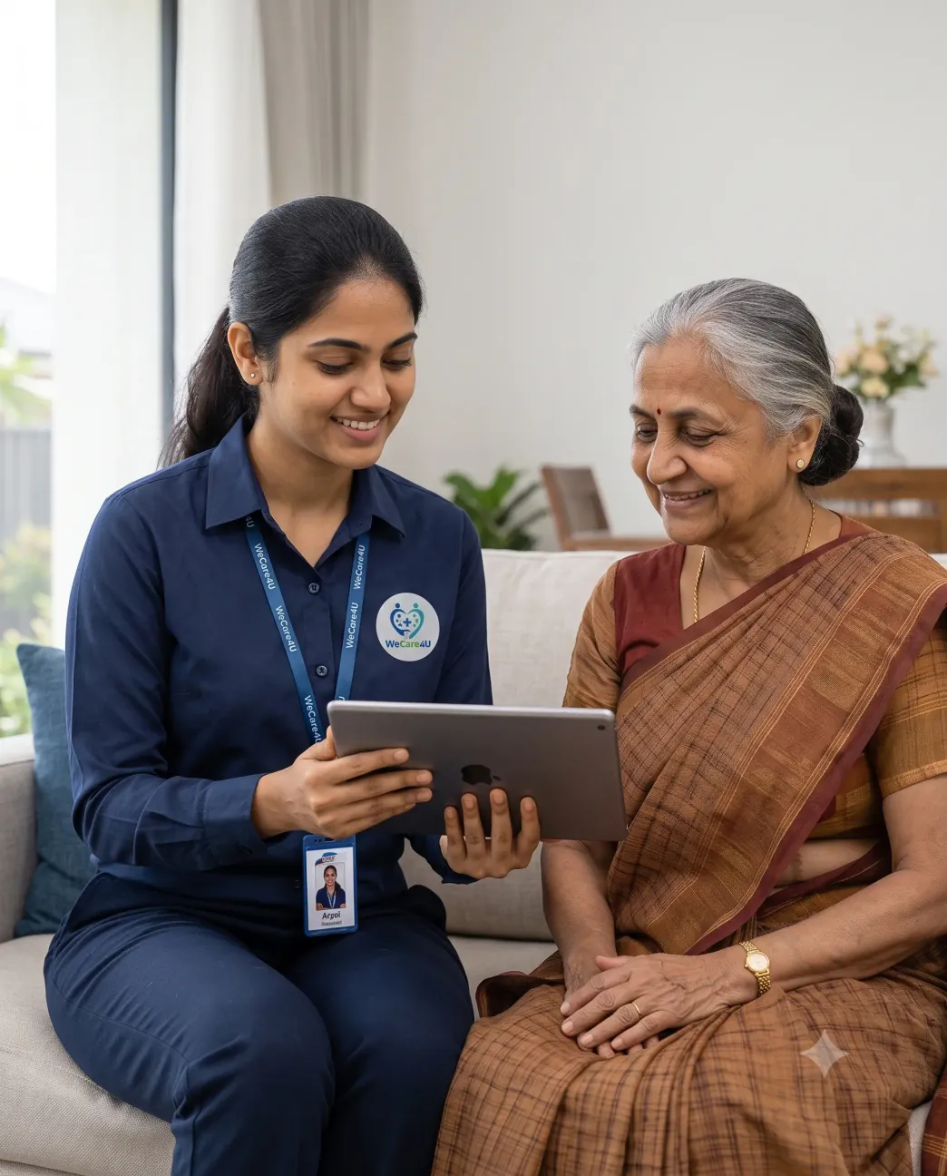 WeCare4U relationship manager showing updates to an elderly mother on a tablet