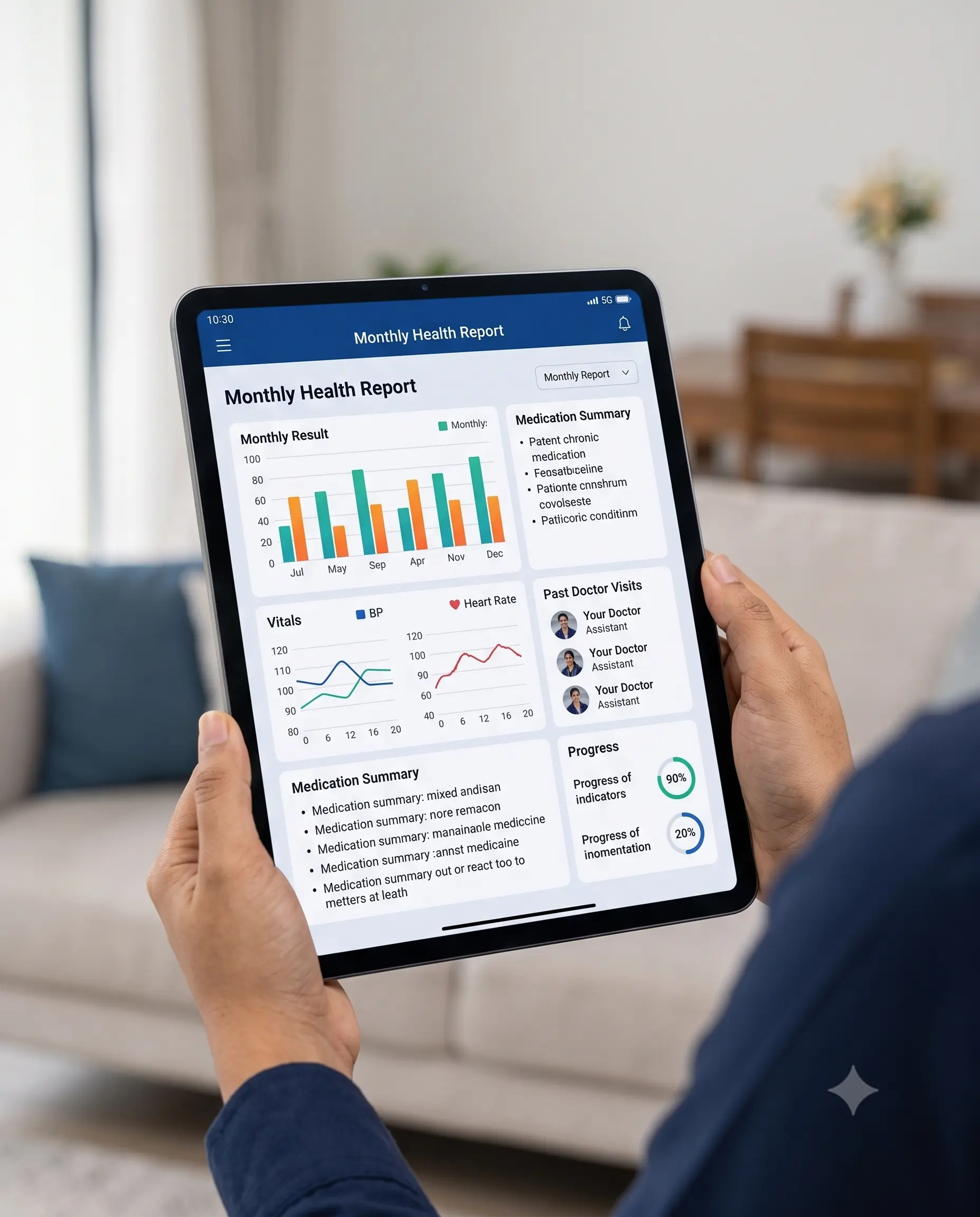 Monthly health report with charts shown on a tablet