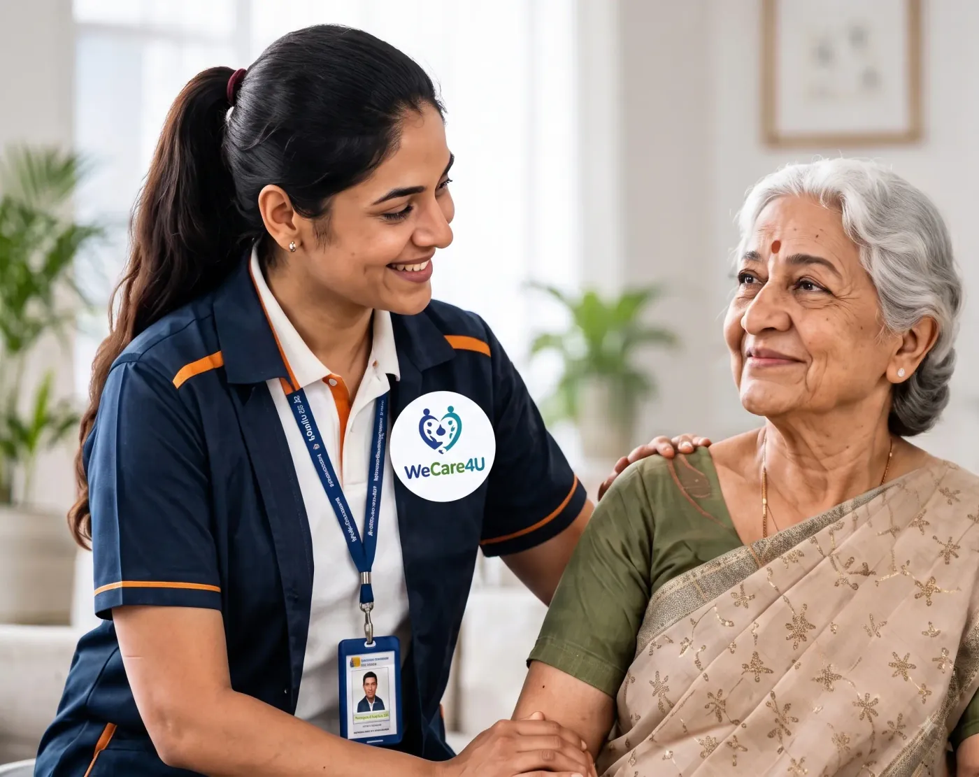 WeCare4U assistant smiling with an elderly mother during a home visit in Chennai