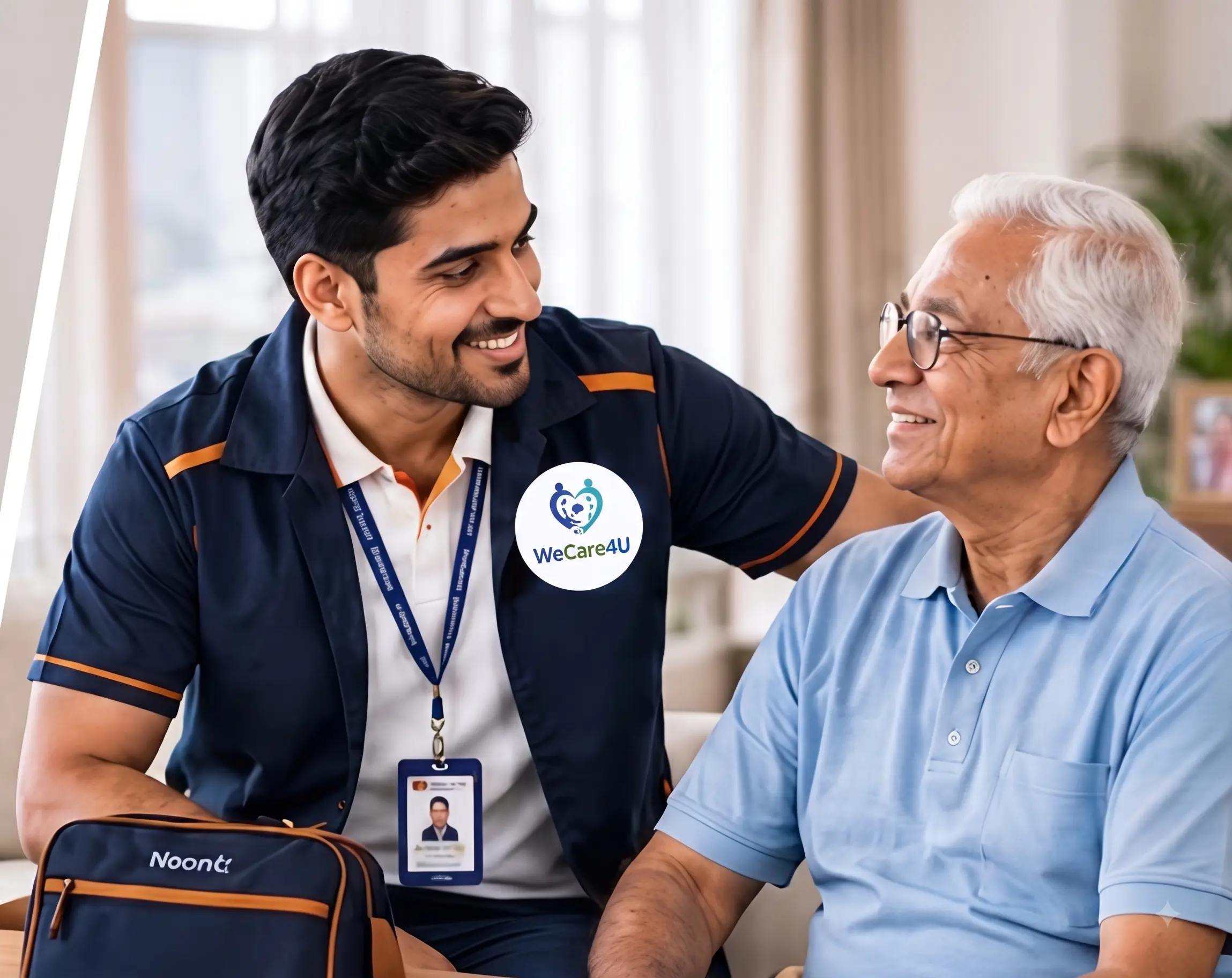 WeCare4U assistant chatting warmly with an elderly father