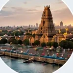 Chennai skyline with temple gopuram at sunset